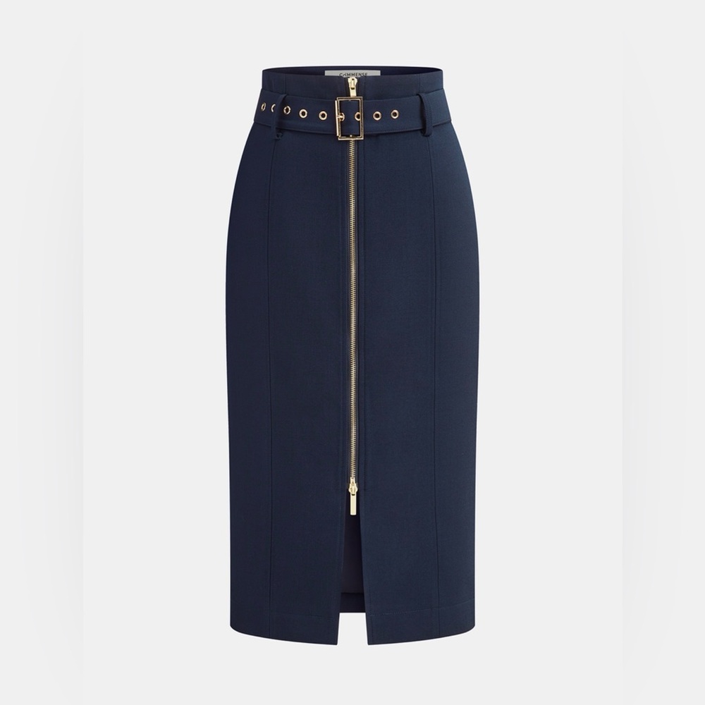 COMMENSE Navy High-Waist Pencil Skirt with Front Zip and Belt Size XL (US 12)